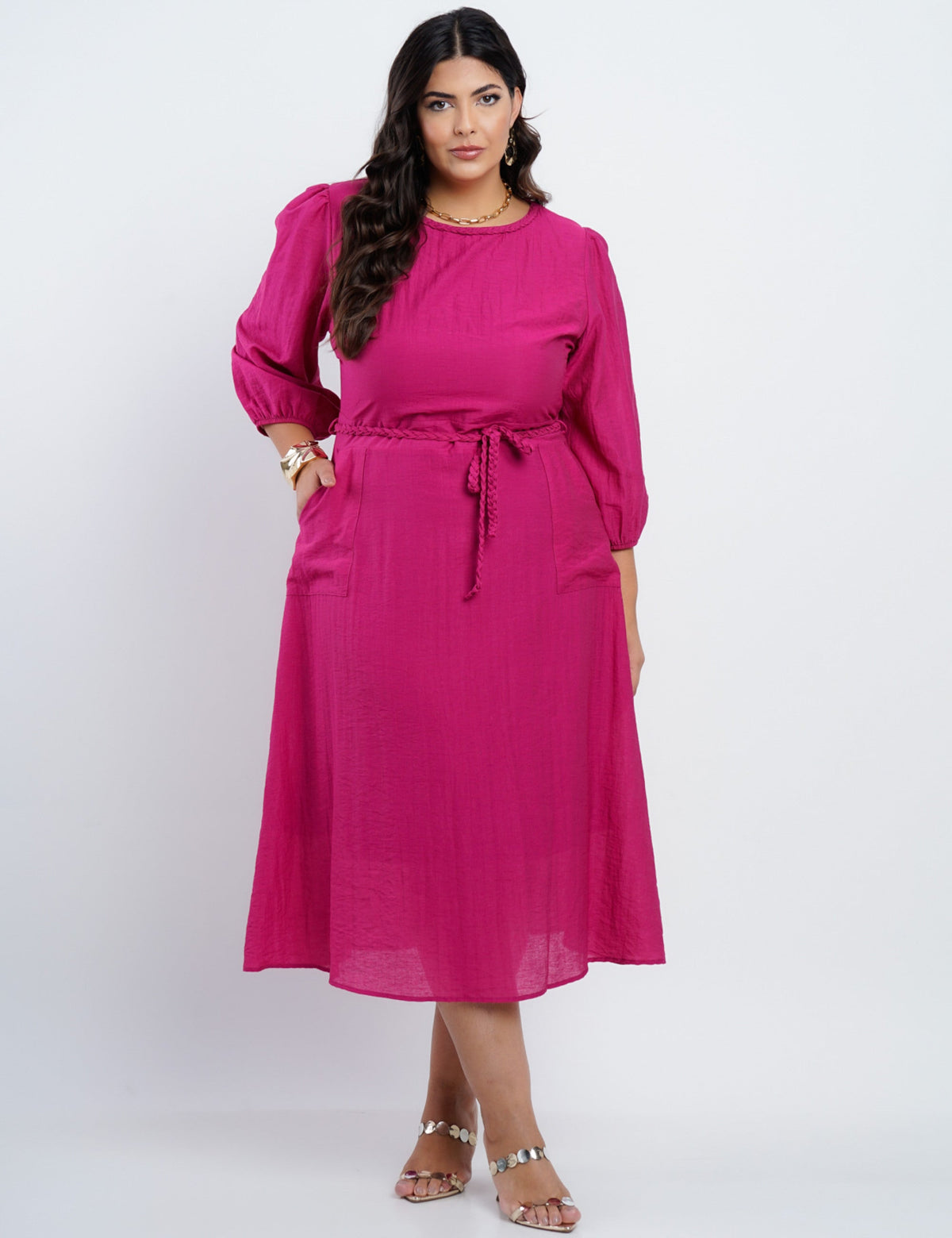 Vestido Midi Linho Misto Com Detalhe Trança