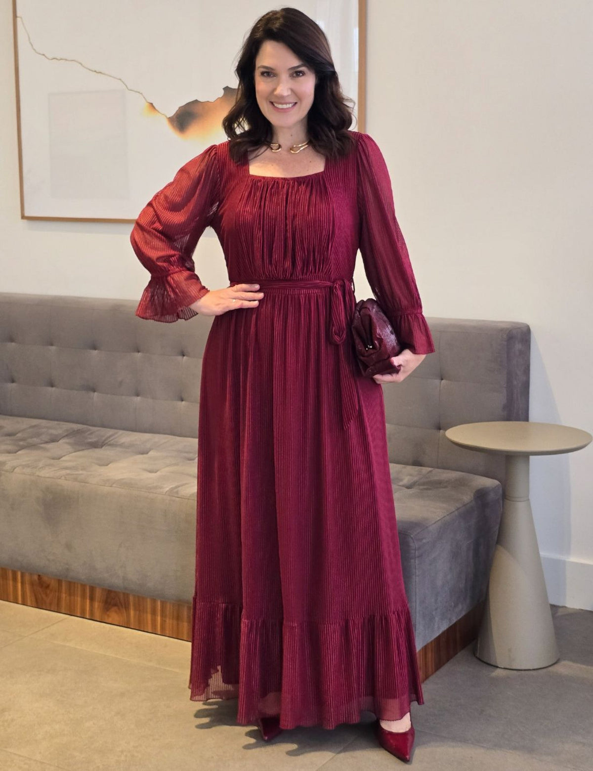 Vestido Longo Tule Listrado Com Drapeado Frente