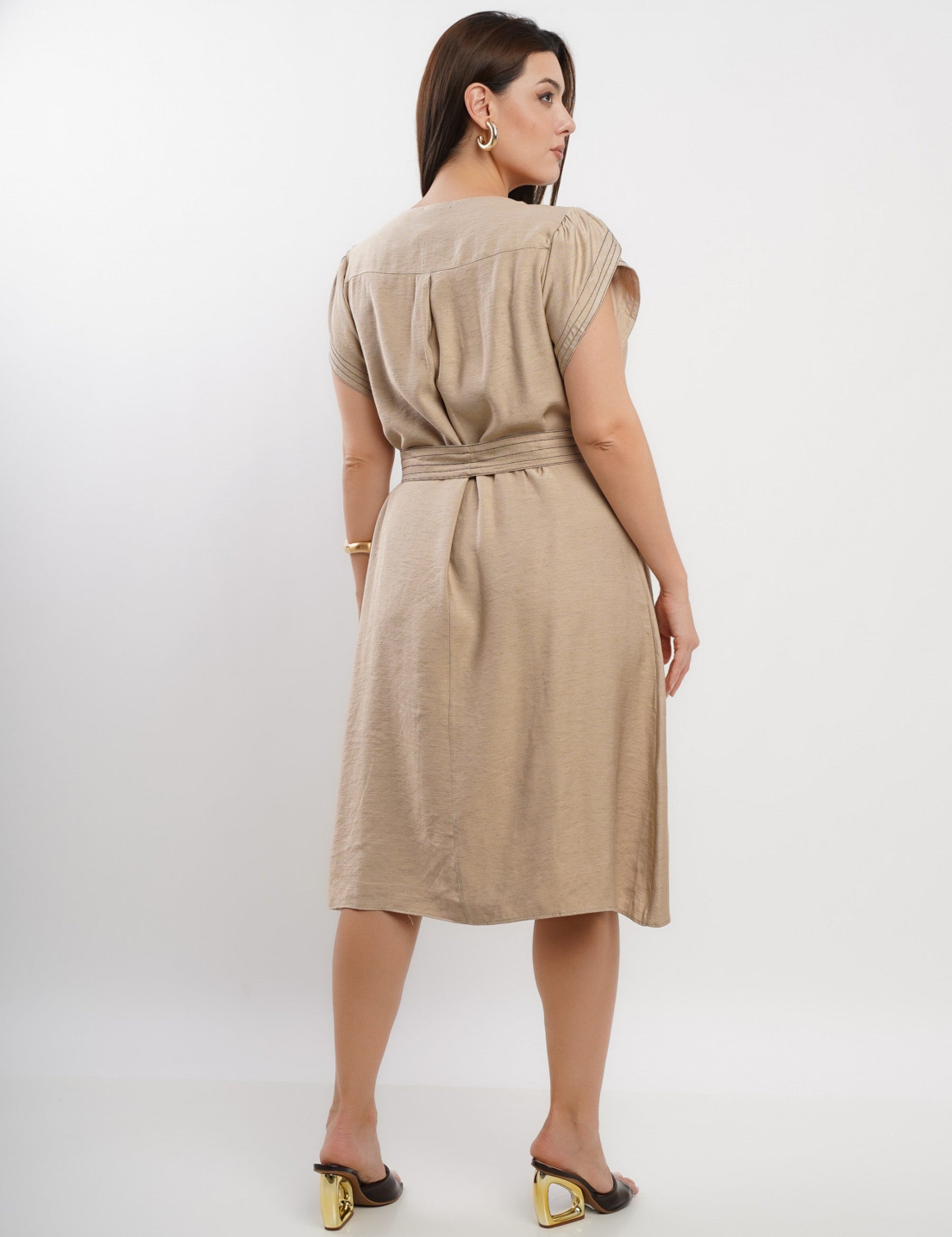 Vestido Curto Linho Misto Com Pesponto