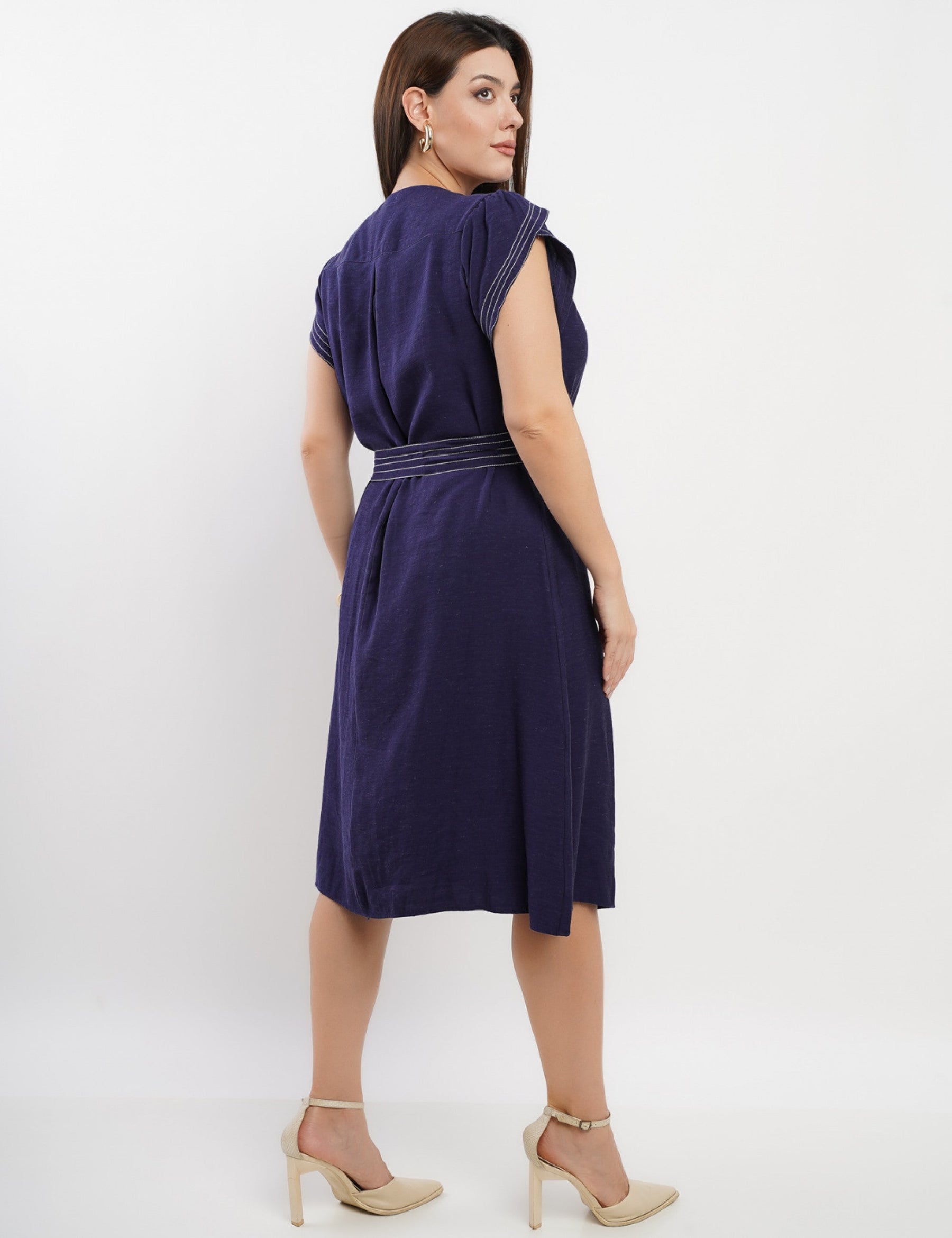 Vestido Curto Linho Misto Com Pesponto