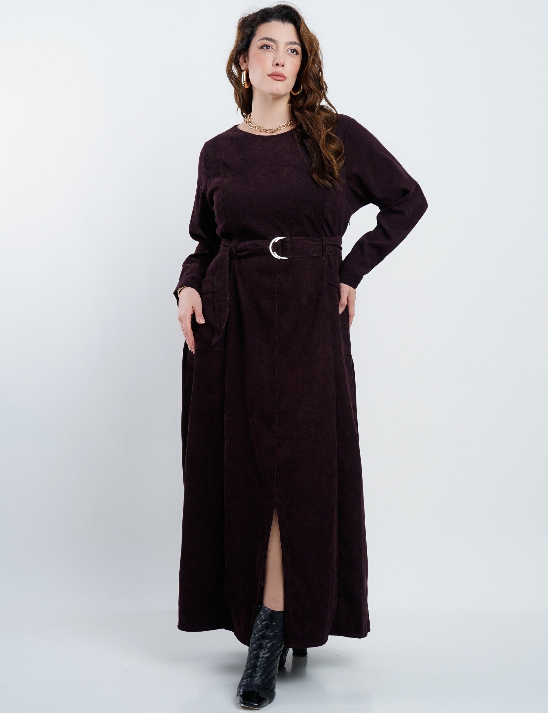 Vestido Longo Veludo Com Bolsos