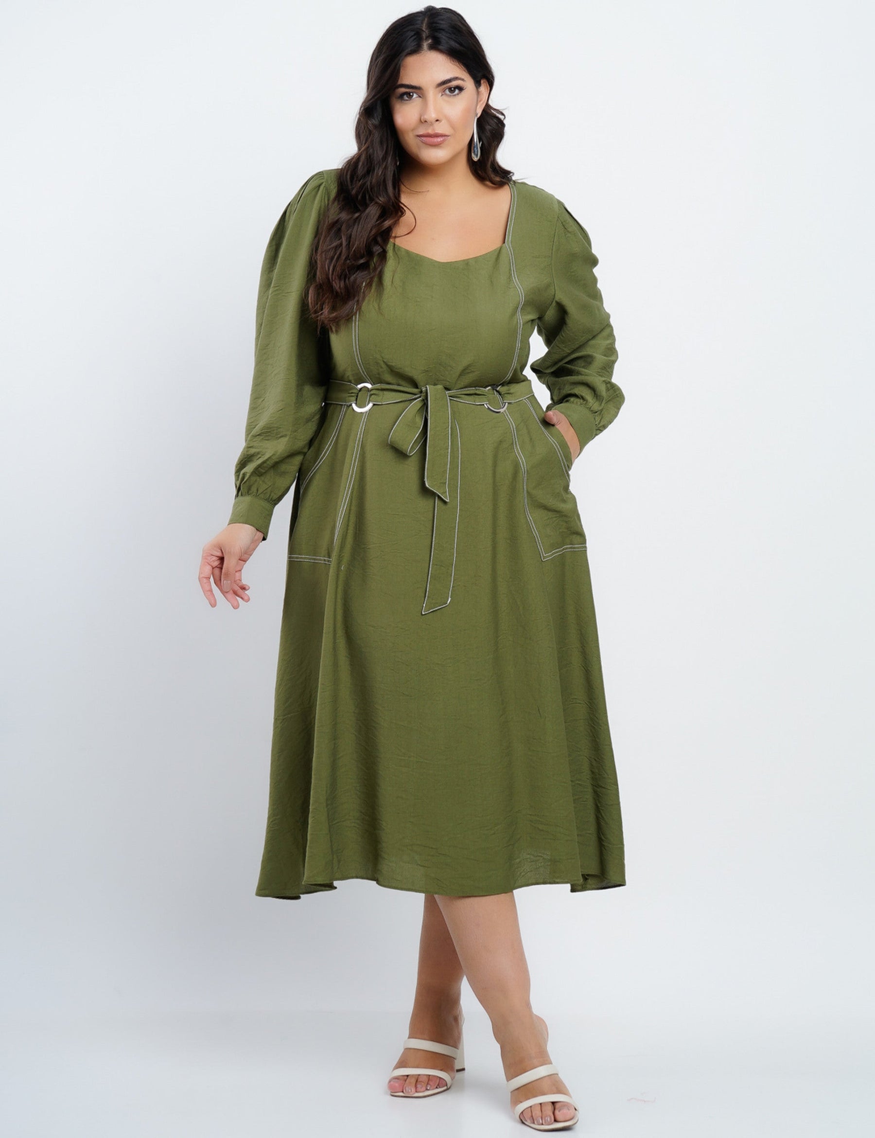 Vestido Midi Crepe Encorpado Com Pesponto