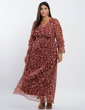 Vestido Longo Tule Com Babado Manga