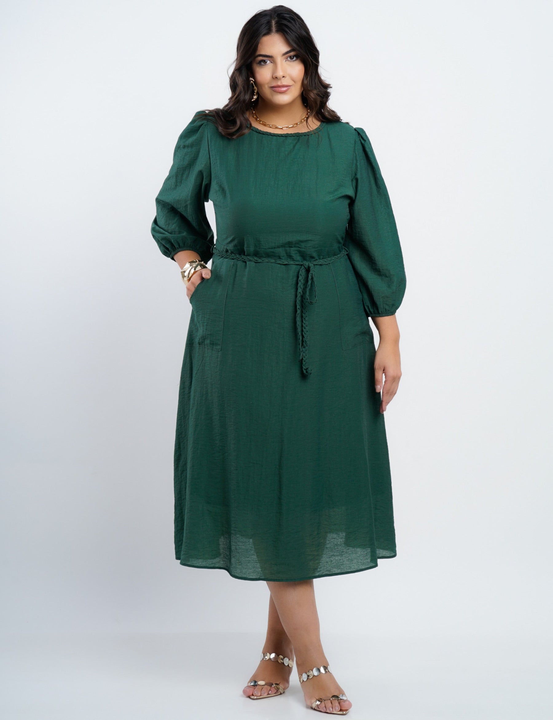 Vestido Midi Linho Misto Com Detalhe Trança