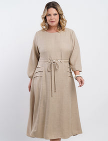 Vestido Midi Linho Poliéster Com Cintura Argola