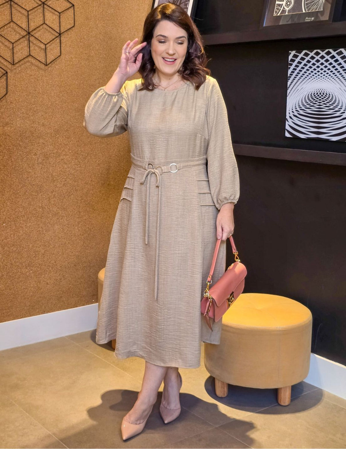 Vestido Midi Linho Poliéster Com Cintura Argola