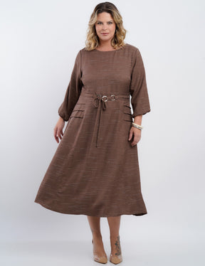 Vestido Midi Linho Poliéster Com Cintura Argola