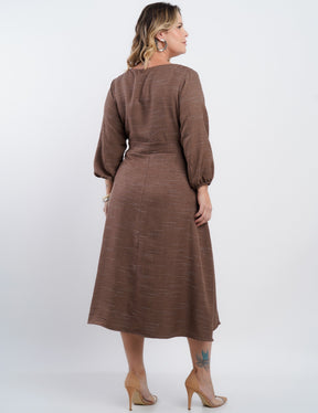 Vestido Midi Linho Poliéster Com Cintura Argola