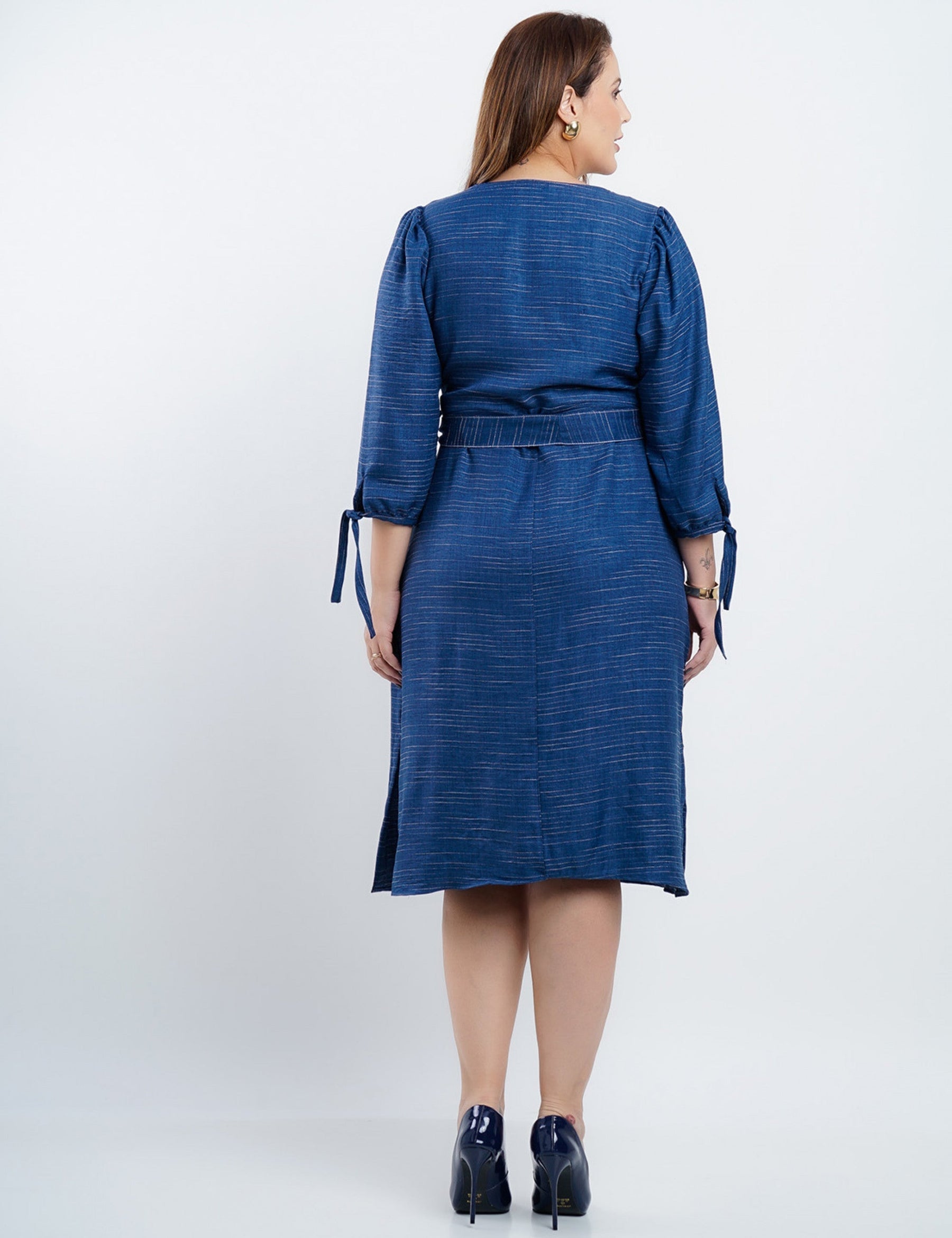 Vestido Midi Risca De Giz Com Pesponto