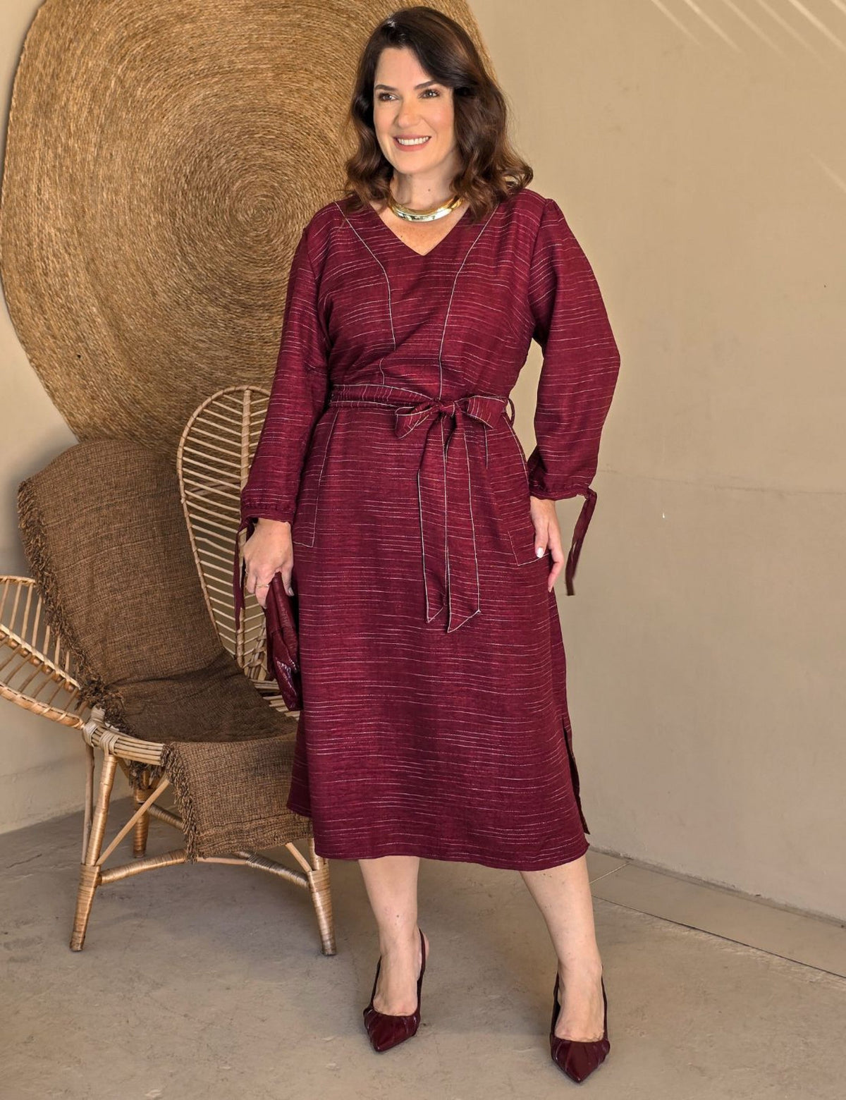 Vestido Midi Risca De Giz Com Pesponto