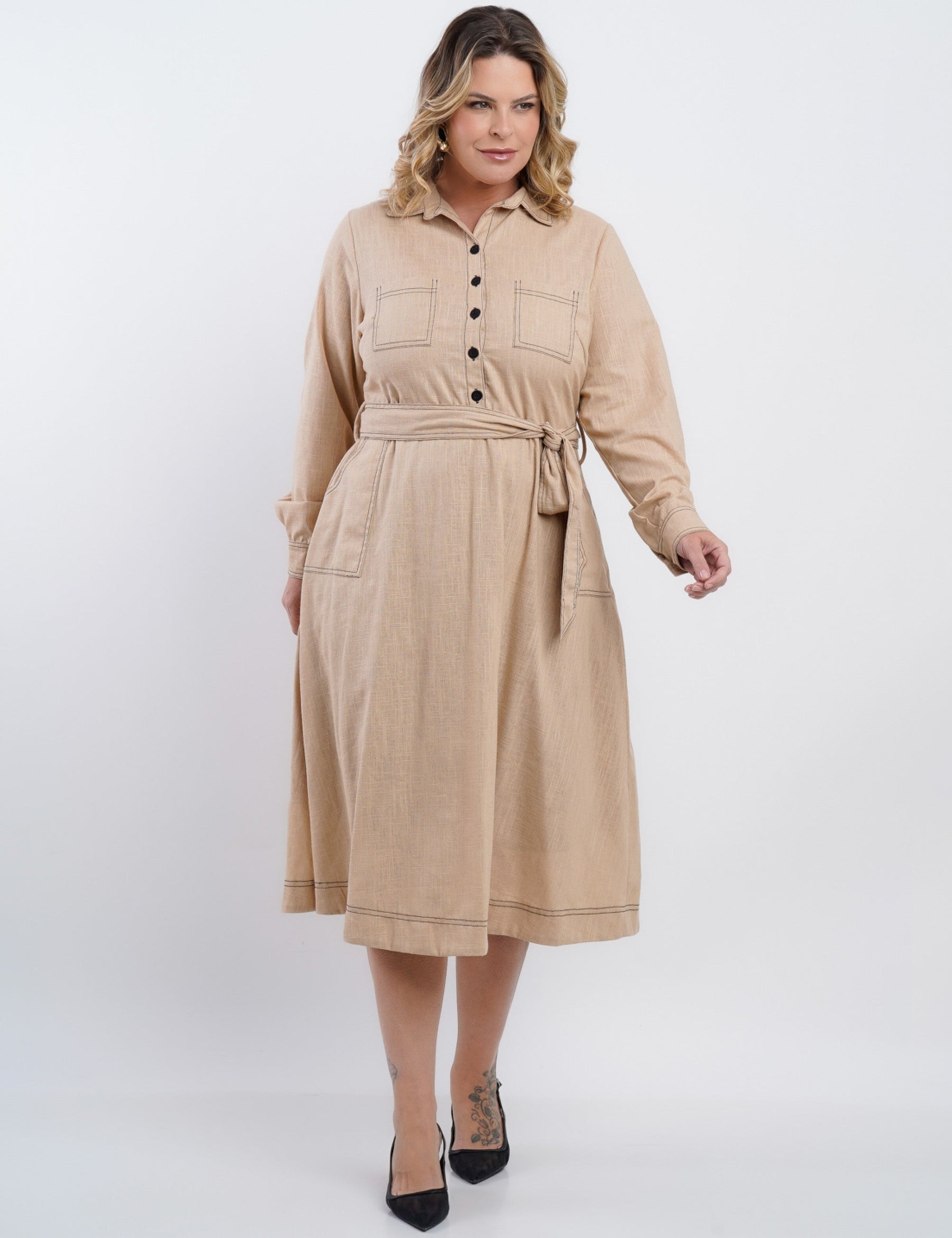 Vestido Midi Linho Misto Com Pesponto