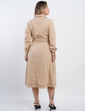 Vestido Midi Linho Misto Com Pesponto