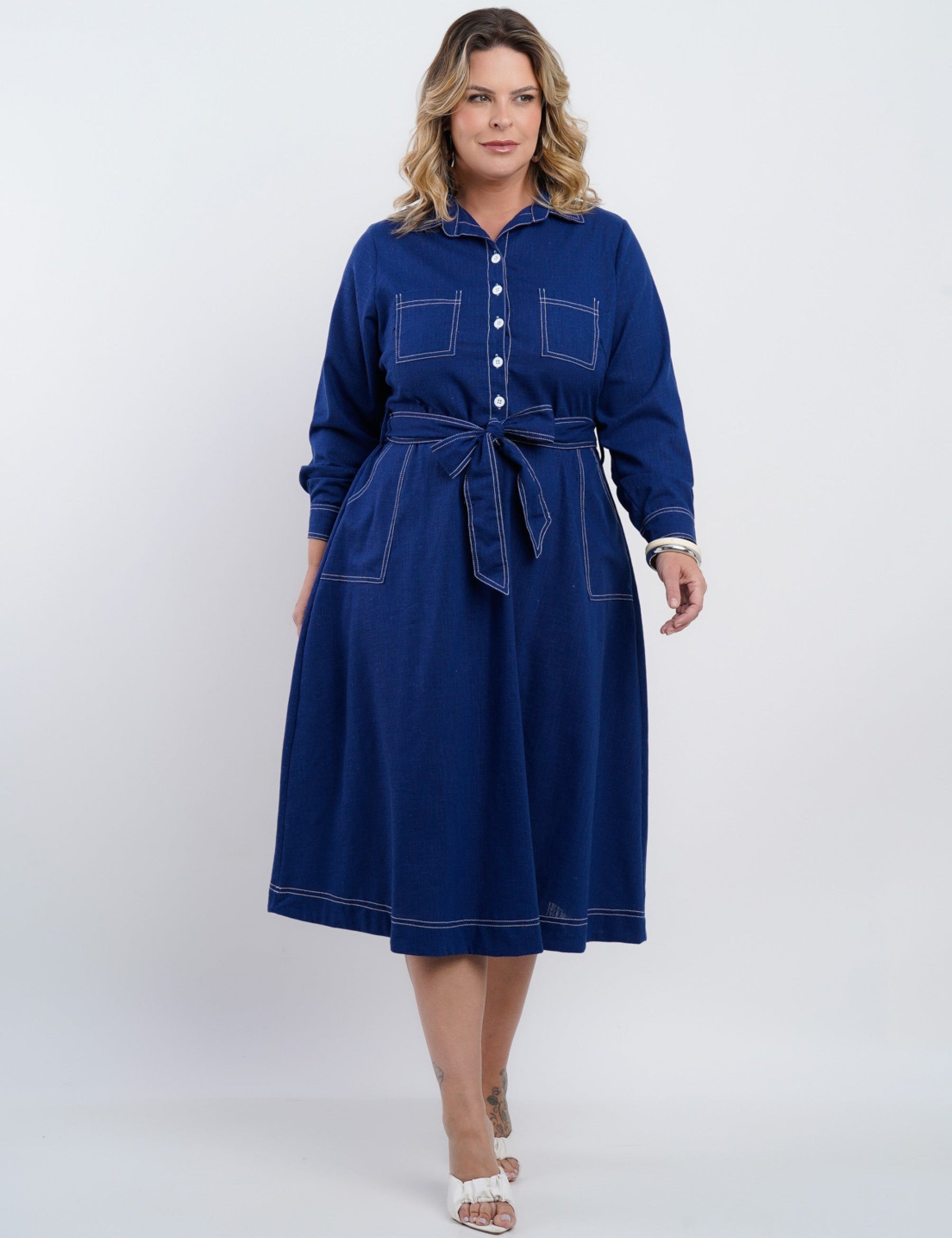 Vestido Midi Linho Misto Com Pesponto