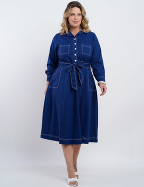 Vestido Midi Linho Misto Com Pesponto