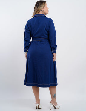 Vestido Midi Linho Misto Com Pesponto