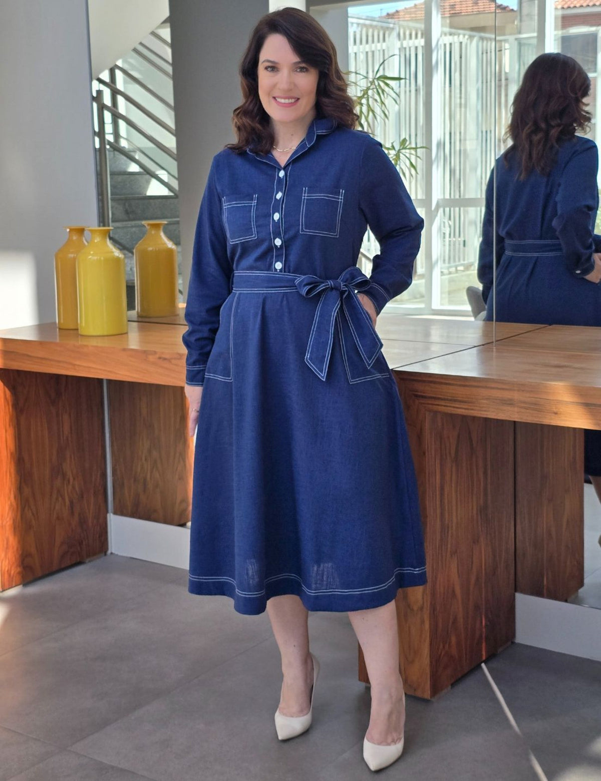 Vestido Midi Linho Misto Com Pesponto