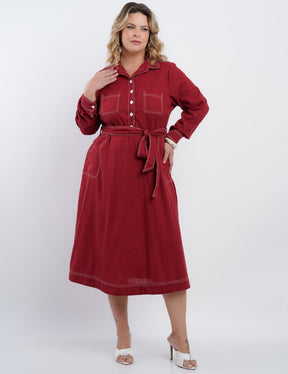 Vestido Midi Linho Misto Com Pesponto