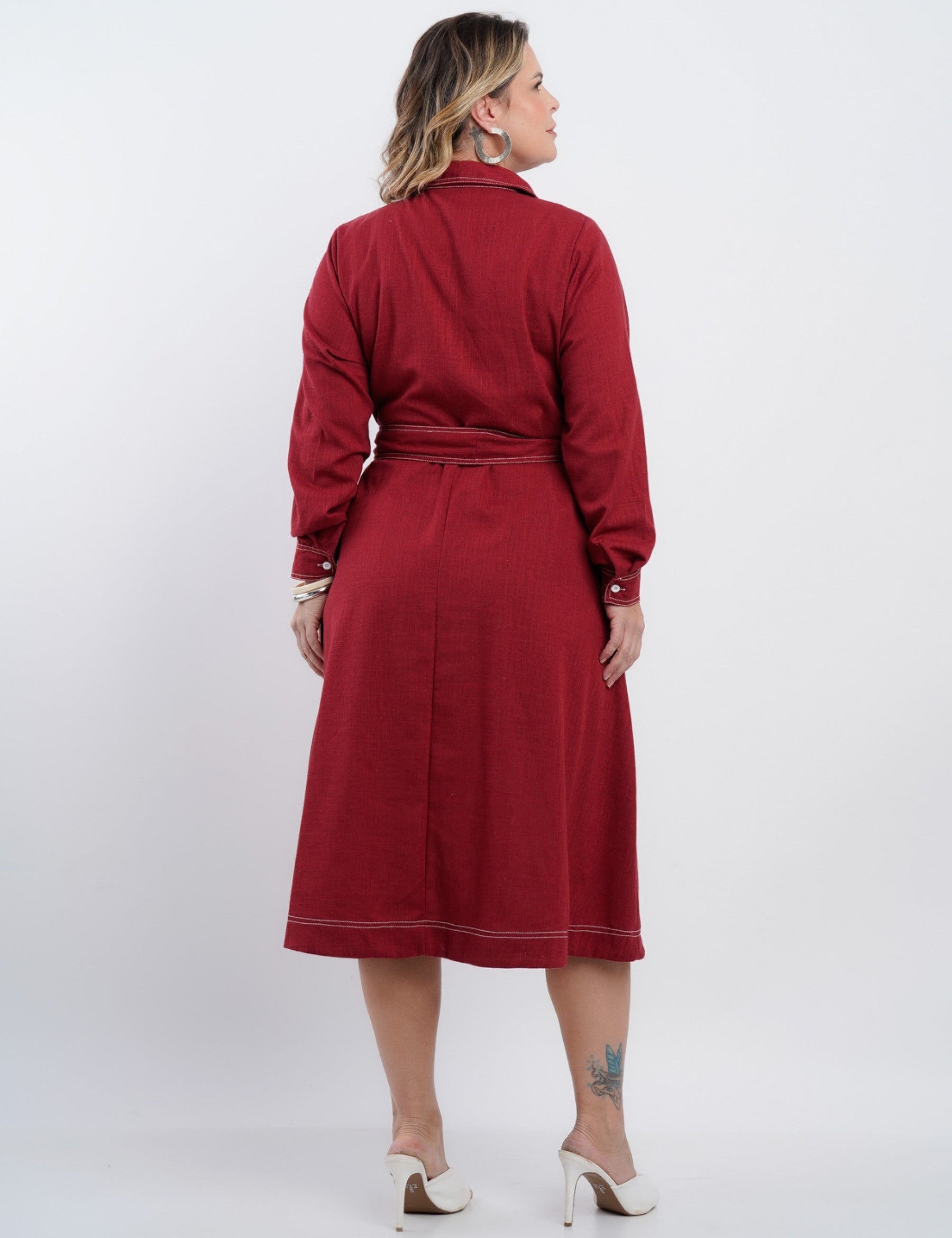 Vestido Midi Linho Misto Com Pesponto