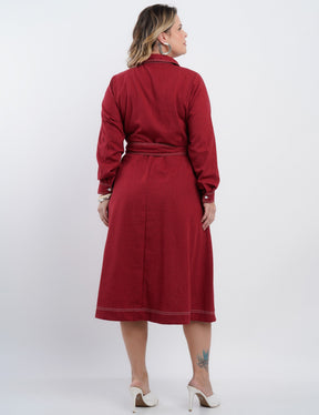 Vestido Midi Linho Misto Com Pesponto