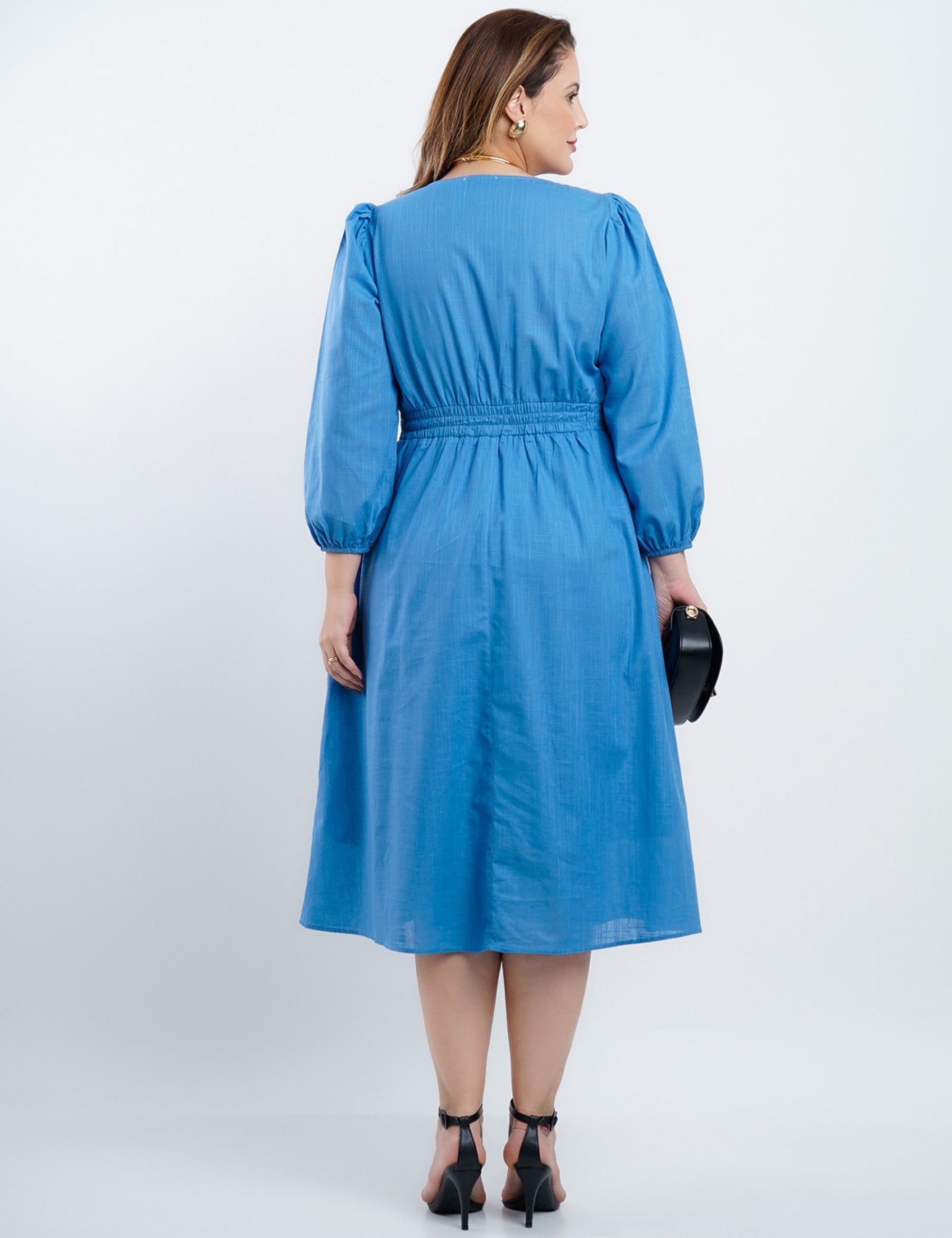 Vestido Midi Algodão Com Botões Frente