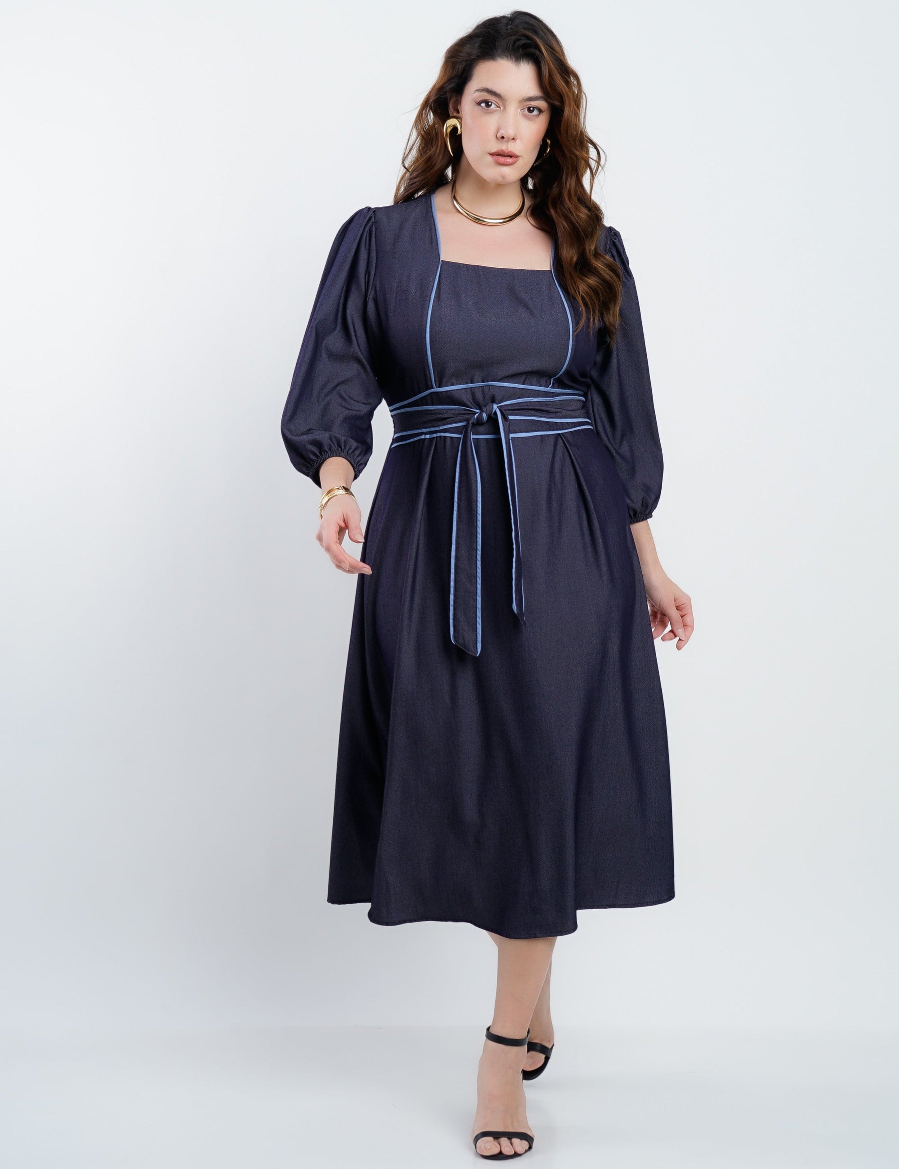 Vestido Midi Denim Com Vivo