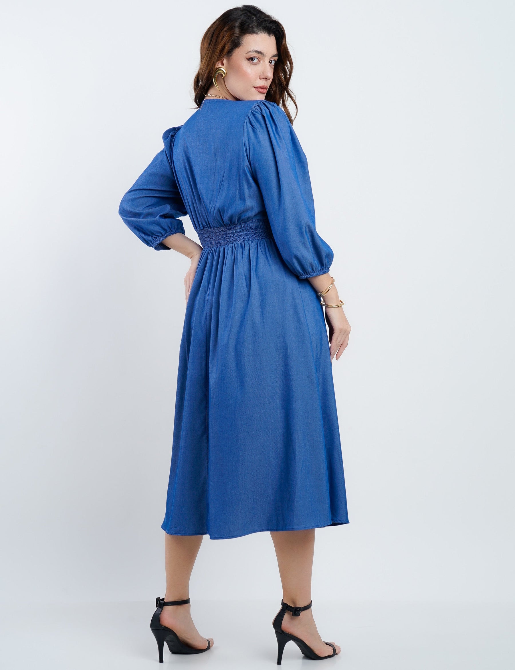 Vestido Midi Denim Com Vivo