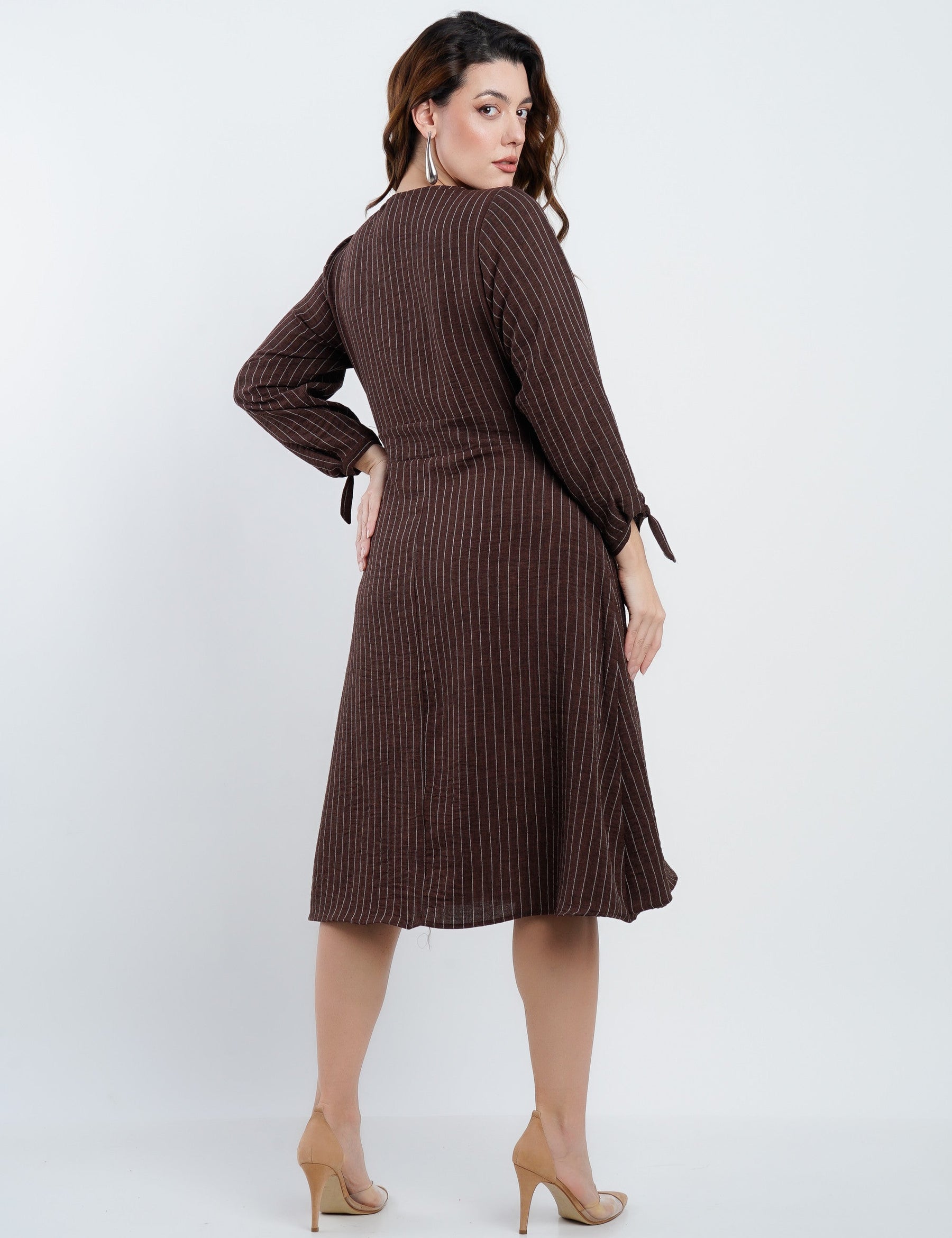 Vestido Midi Linho Poliéster Risca De Giz