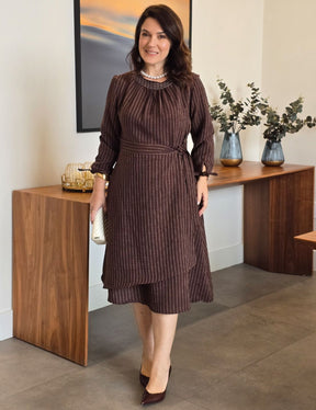 Vestido Midi Linho Poliéster Risca De Giz