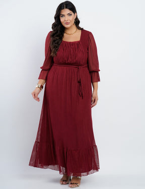 Vestido Longo Tule Listrado Com Drapeado Frente