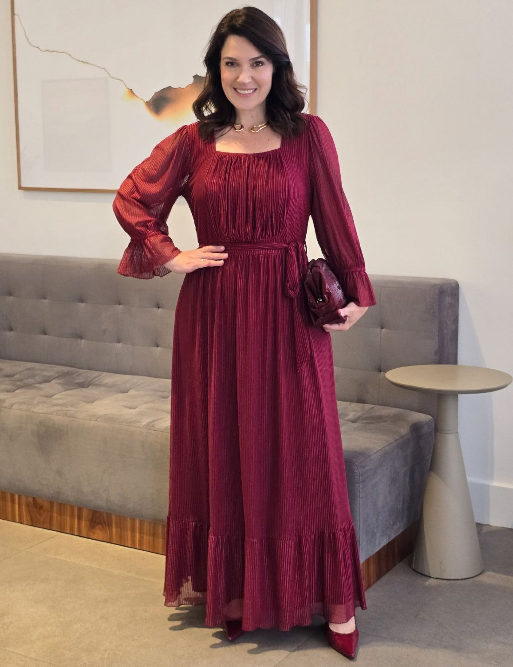 Vestido Longo Tule Listrado Com Drapeado Frente