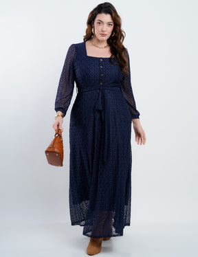 Vestido Longo Malha Renda Decote Quadrado