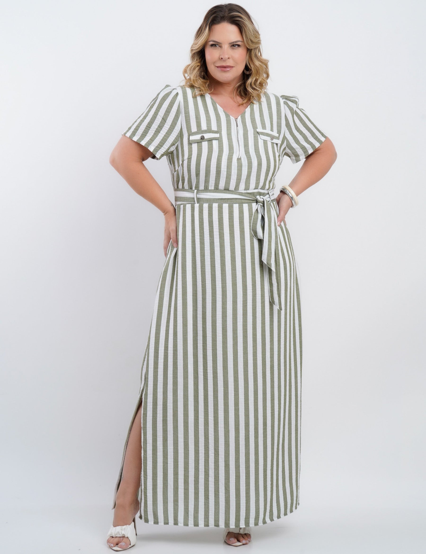 Vestido Longo Limen Listrado Com Zíper Frente