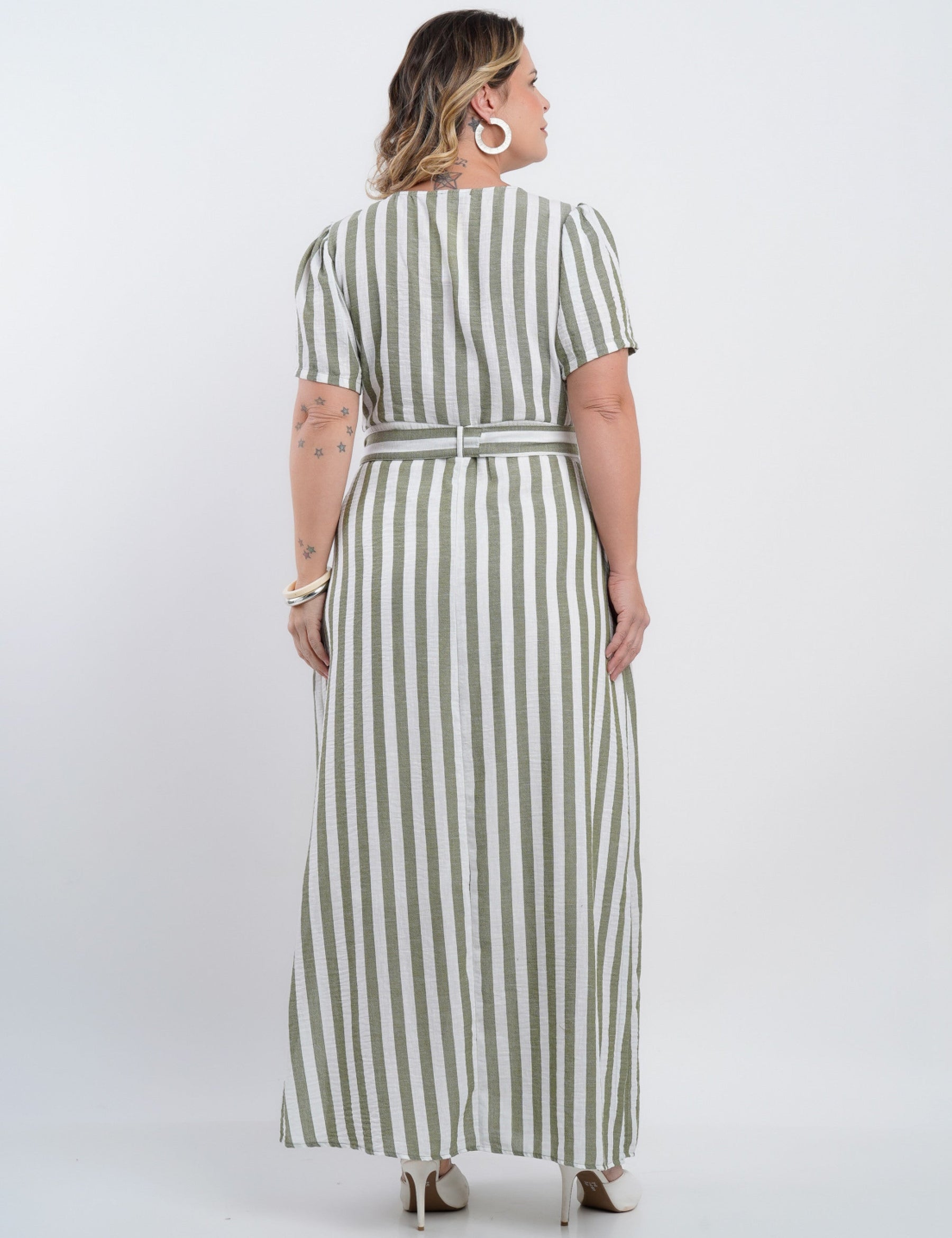 Vestido Longo Limen Listrado Com Zíper Frente