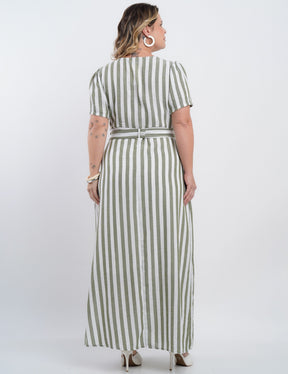 Vestido Longo Limen Listrado Com Zíper Frente