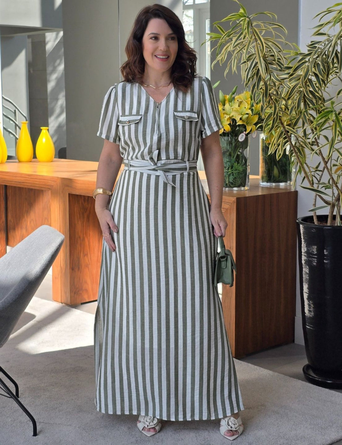 Vestido Longo Limen Listrado Com Zíper Frente