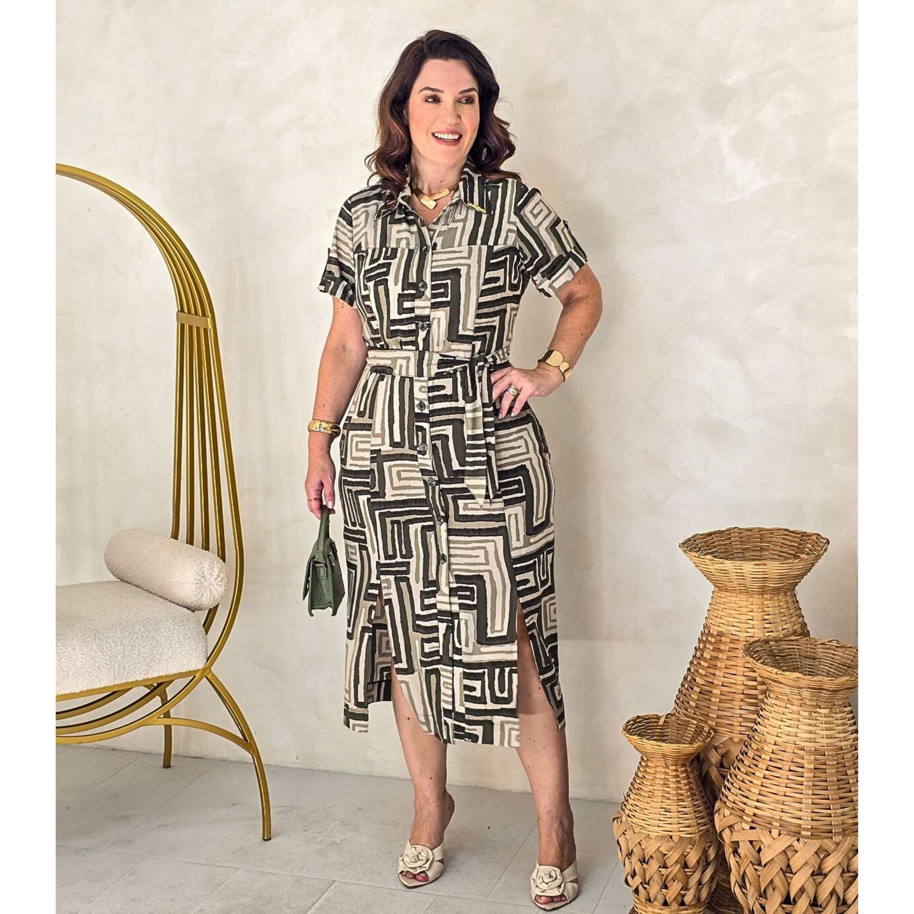 Vestido Midi Estampa Geométrica em Viscolinho