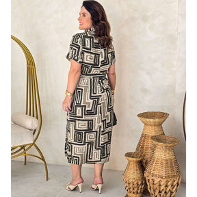 Vestido Midi Estampa Geométrica em Viscolinho